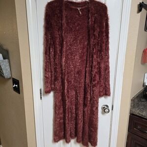 Free‎ People fuzzy long cardigan duster maroon-orange Small